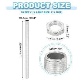 PATIKIL M12 Thread 220mm/8.7" Lamp Pipe Kit with Lock Nuts, 10 Set All Thread Rods Fasteners Hardware for Chandelier Ceiling Light DIY, Zinc Plating