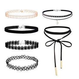 LEGITTA Set of 6 Choker Necklaces Stretch Velvet Classic Gothic Tattoo Lace Choker Chains, Fabric