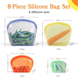 KVK Platinum Silicone Reusable food storage Bags Multipack - 8 Pcs clear freezer storage containers, Double Lock Seal Leakproof reusable snack bags- Oven Dishwasher Freezer Safe - Mix Color