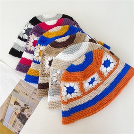 Women Crochet Bucket Hats Handmade Cloche Hats Knitted Beanies Floppy Fishing Hat Floral Cap Striped Trendy Outdoor