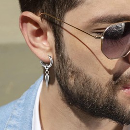 INPION 20PCS Dangle Earrings for Men, Stainless Steel Hinged Huggie Hoop Earrings Silver Cross Chain Dangle Earrings Feather Dangle Earrings for Men Women Gift for Birthday Father's Day Christmas