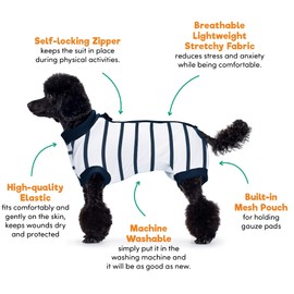 BENCMATE Dog Recovery Suit - Professional Pet Zip Up Onesie with Abdominal Wound Bandages, Substitute E-Collar & Cone (Large, Breton Stripes)