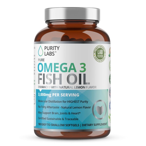 Purity Labs Omega 3 Fish Oil 3000mg – DHA & EPA Omega 3 Fatty Acid Supplements - Vegan Supplements to Support Heart and Brain Health - Immune Support Supplement - 180 Softgels