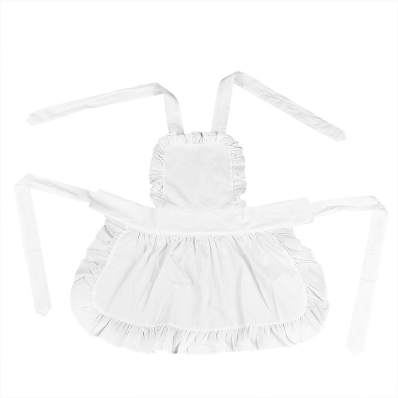 White Cotton Women Maid Apron Ruffle Hem Kitchen Solid Color