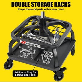 FreekyFit Rolling Shop Stool with Wheels, Garage Work Mechanic Stool with Backrest, Roller Mechanic Chair, Adjustable Height, 360° Swivel, Tool Tray Storage, 330 LBS Capacity, Heavy Duty, Black