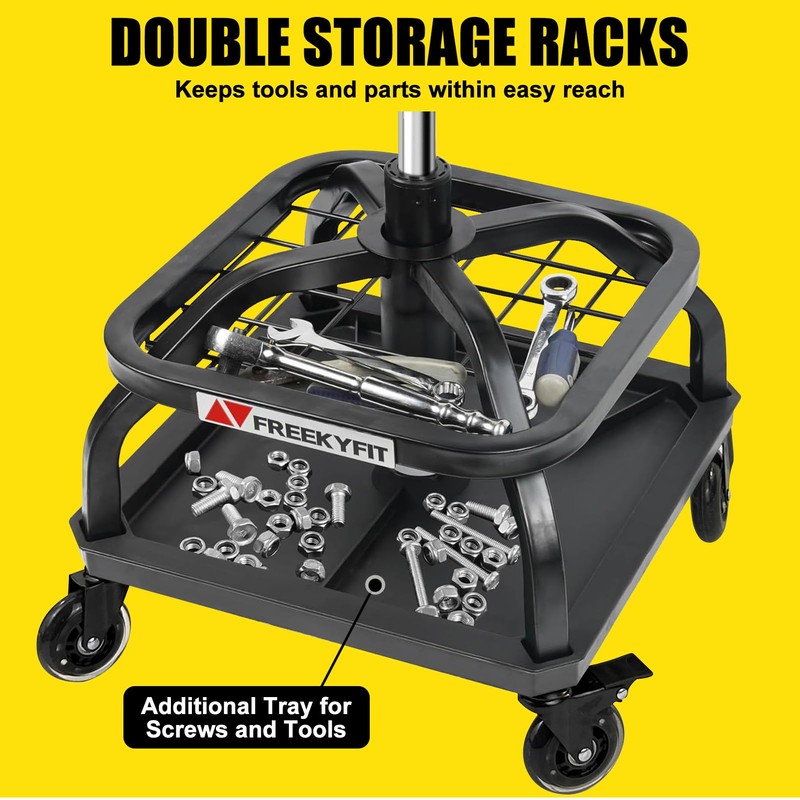 FreekyFit Rolling Shop Stool with Wheels, Garage Work Mechanic Stool