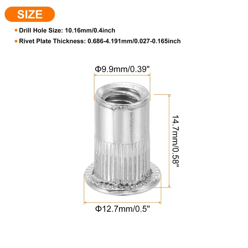 sourcing map 100Pcs Rivet Nuts Flat Head, 1/4"-20 Stainless Steel