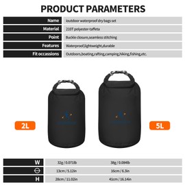 ioutdoor Dry Bag Set,2L/5L/10L/20L Waterproof Dry Bags Lightweight Dry Sacks Set Waterproof Canoe Bags for Rafting Hiking Camping Travel Fishing Boating(Black 2L+5L)