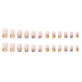 JUSTOTRY 24 Pcs Colourful Flower Short False Nails Square Pattern,Nude Press on Nails Short,Glossy Fake Nails with Nail Glue,Leaf Squoval French Stick on Nails for Women and Teens Gifts