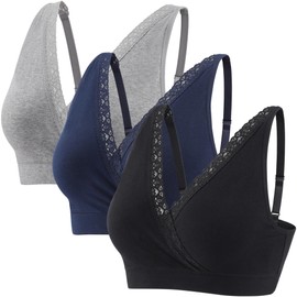 ZUMIY Maternity Nursing Bra Sleeping Tops, Wireless Breastfeeding Pregnancy Cotton Bras, Full Coverage, Adjustable Straps Lace Trim (XL, Black+Grey+Navy blue/3pack)