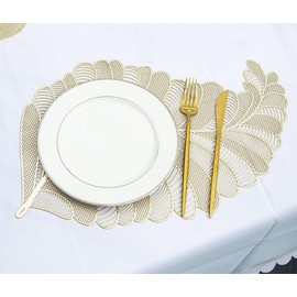 Set of 6 Place Mats Hollowed Leaves Place Mat Washable Place Mat Decorative Non-Slip Plastic Place Mats for Kitchen Table (Gold C)
