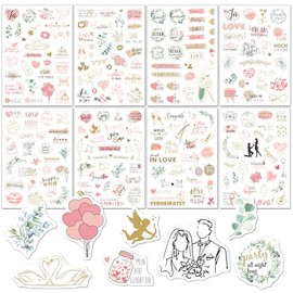8 Sheets German Wedding Stickers(230 PCS) Pink Love & Bridal Scrapbook Stickers with Eucalyptus Floral, Gold Foil Style Designs for Wedding Guest Book, Scrapbooking, Bridal Journaling & Planner Decor