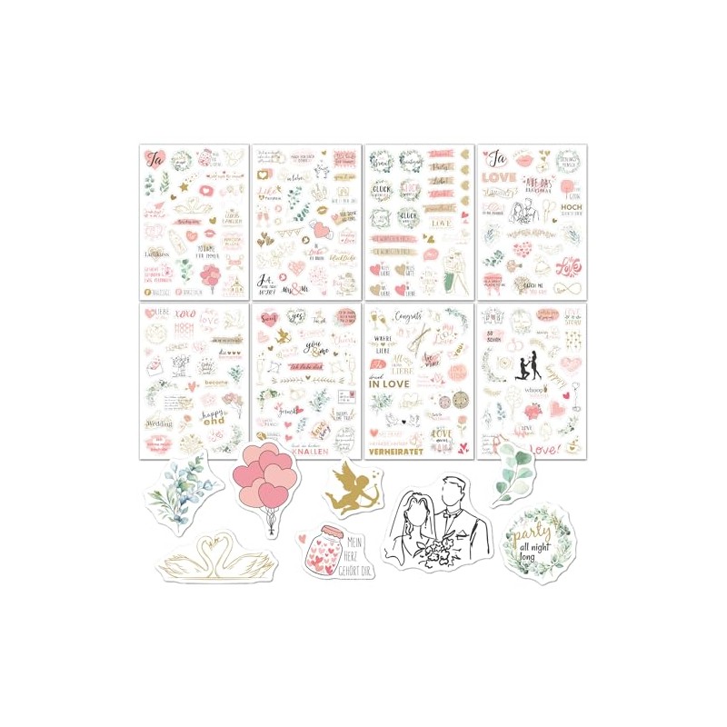 8 Sheets German Wedding Stickers(230 PCS) Pink Love & Bridal