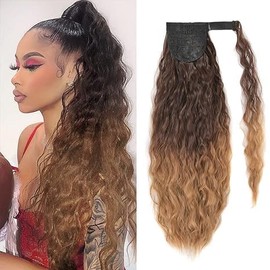 Corn Wave Ponytail Extension Clip in - 22 Inch Long Wavy Curly Wrap Around Pony Tail Heat Resistant Synthetic Hairpiece for Women (Brown to Blonde #6T27)