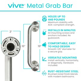 Vive Grab Bar for Bathtubs and Showers - Handicap Bathroom Safety Handrail for Elderly - Wall Senior Rail Handle for Tub, Toilet, Bath