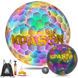 KPASON Soccer Ball, Holographic Glowing Soccer Ball Size 5, Reflective Hologram Rainbow Soccer Ball with Needles and Pump for Men Youth and Adult Night Games