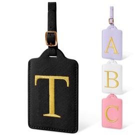 Initial Letter Luggage Tag for Suitcase, Cute Luggage Bag, Waterproof PU Leather Travel Luggage Tag, Suitcase Identifier Name Tag, Monogrammed Suitcase Tags, Bag Tags for Handbags(Black T)
