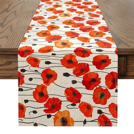 jejeloiu Poppy Flower Table Runner 60x13 Inch, Red Floral Botanical Home Decor for Living Room, Spring Rustic Garden Theme , Red
