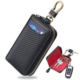 Aemicion Key Case, Smart Key, Car Key Case, Men's, Key Holder, Genuine Leather, Carbon Leather, Hybrid Leather, 6 Layers, Zipper, Card Slots, Bill Compartment, Multi-functional, Large Capacity,
