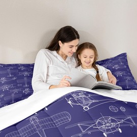 Manfei Hand-Painted Airplane Kids Comforter Set Full Size,American Aircraft Toddler Bedding Set,Girls Boys Adults Room Decor,Air Vehicles Cartoon Down Comforter,Dark Blue Duvet Insert,2 Pillowcases
