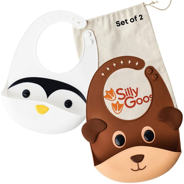 Silly Goose Set of 2 Silicone Animal Baby Bibs for