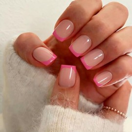 Uñas postizas cortas con punta francesa cuadrada y pegamento, color nude natural, 15 tamaños, kit de 30 uñas postizas de gel suave para mujer, ajuste 