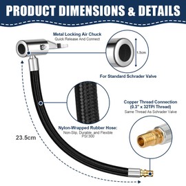 URAQT Valve Extension Set, 24 cm Tyre Inflator Hose, Air Pump, Replacement Hose, Tyre Inflator Hose, Universal Adapter for Car, Bicycle, Motorcycle, Compressor