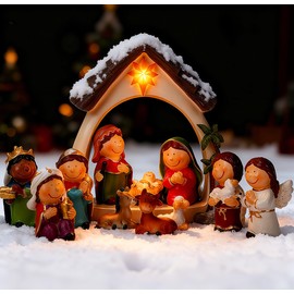 Qulable 12Pcs Nativity Set for Kids-Small Nativity Sets & Figures for Toddlers with LED-Nativity Scene Indoor-Tabletop Figurines Nativity Playset-Kids Nativity Set for Little Girls Boys Children