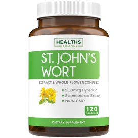 St. John's Wort - 120 Capsules (Non-GMO) Effective St Johns Wort Capsules - Powerful 900mcg Hypericin - Standardized Extract & Whole Herb Supplement - No Oil, Pills, Tea, Tincture - 500mg Per Capsule