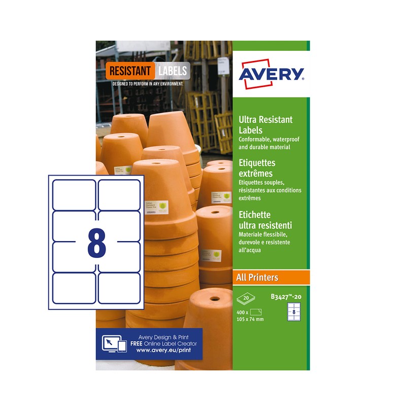 Avery B3427-20 Ultra Resistant Labels, White (A4 Sheet of 105