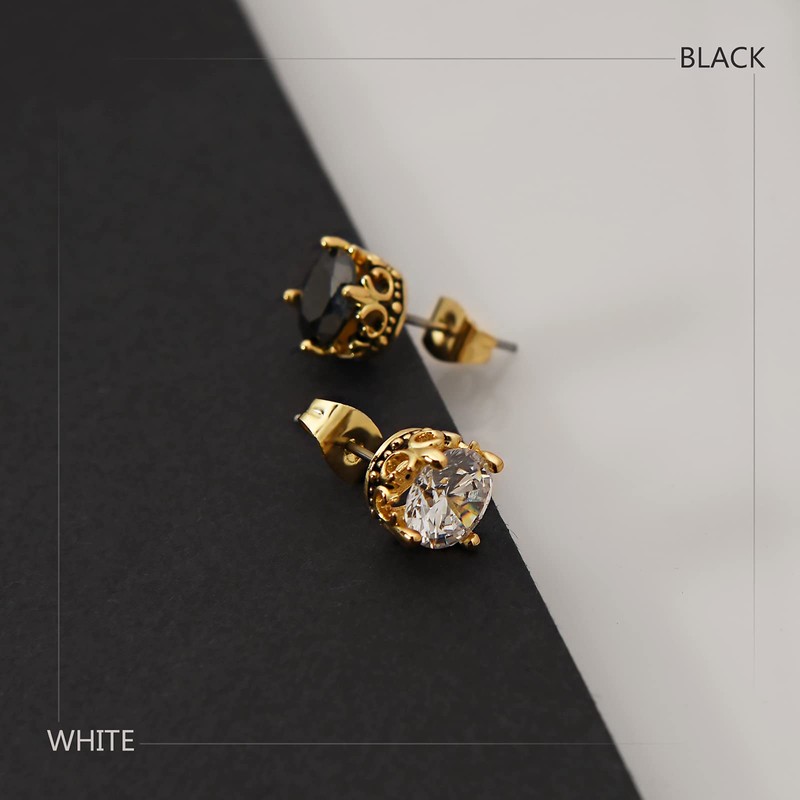 KZZENKI Crown Gold Earrings for Men Black and Gold Stud