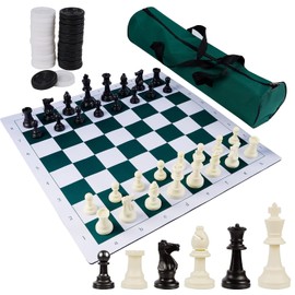 Juegoal - Juego portátil de ajedrez y damas, 2 en 1, juegos de mesa de viaje para niños y adultos, juegos plegables de ajedrez enrollables, 26 piezas adicionales, alfombrilla gruesa para mouse con