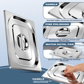 6 Packs 1/2 Half Size Hotel Pan Lids, 12.9''L x 10.6''W Stainless Steel Steam Table Pan Lid with Handles, Metal Hotel Pan Covers for Home, Buffet, Cafeteria, Commercial Restaurant