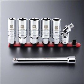 LLNDEI 3/8 Inch Drive Spark Plug Socket Set SAE & Metric, High Visibility 6 Point Sockets CR-V Steel, Mirror Polished Sockets with Rubber Retaining Rings-Spark Plug Removal Tool for Car Repair 7PCS