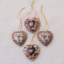 NOVICA Artisan Handmade Batik Wood Ornaments Floral Heart from Java Set of 4 Multicolor Indonesia Holiday Decor [ 3.9in L x 3.5in W x 1.2in D Cord 7.75in L] ' Heart Flowers' Set of 4