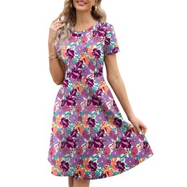 Pockets Dress for Womens Vintage 50s Summer Casual Office Professional Elegant Work Knee Length Floral Print Aline Fit and Flare Dresses 262 Purple Blue M