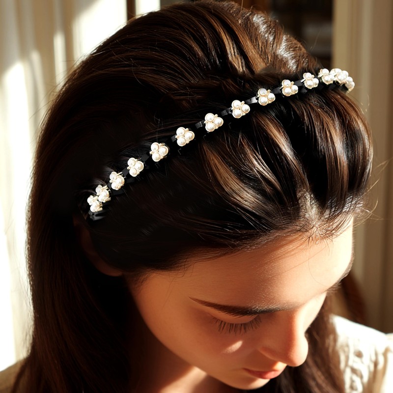 deladola Crystal Rhinestone Wave Headband, Black Teeth Design with Pearl