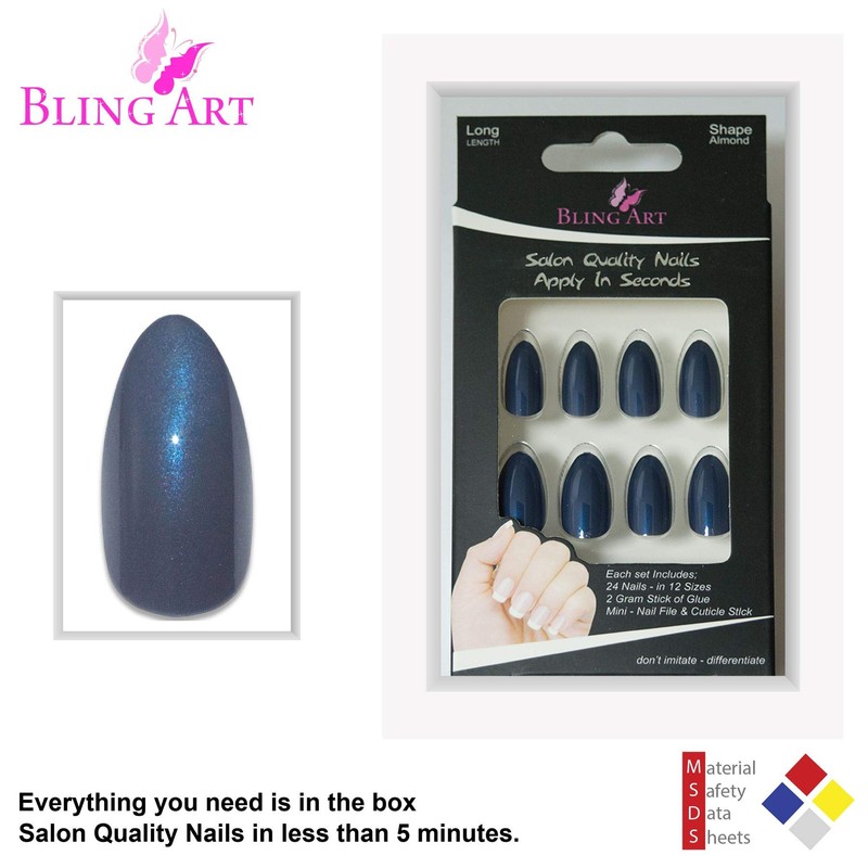False Nails by Bling Art Grey Glitter Almond Stiletto 24