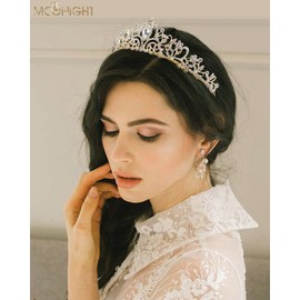 Moonight Wedding Crown for the Bride, Rhinestone Princess Tiara for Women, Prom Queen / Pageant / Bridal, Handmade Hair Accessories, Rose Gold Crown (Golden Crown, Earrings and Necklace - 3-Piece Set).