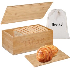 Jasvelly Bamboo Bread Bin with Chopping Board Lid and Linen Bag - Closed Bread Box for Fresh Storage - 33 x 19 x 13.5 cm - Beautiful and Practical