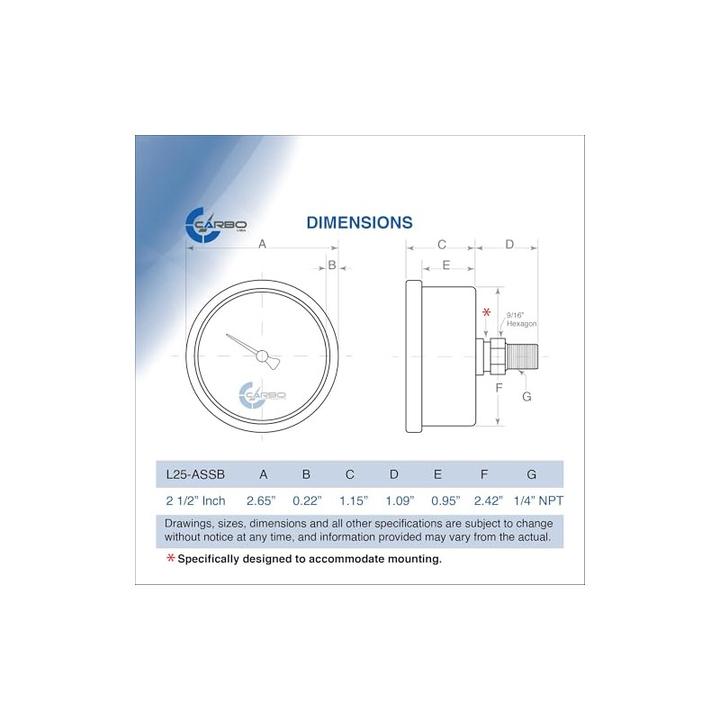 CARBO Instruments 2 1-2" Pressure Gauge, All Stainless Steel Wetted