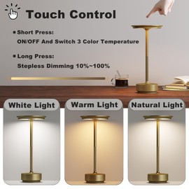 JONEMO Rechargeable Cordless Table Lamp, 5000mAh Battery Portable LED Table Light, 3 Color Modes Stepless Dimming with Memory Function, for Restaurant, Patio, Dinner, Camping.(Gold)