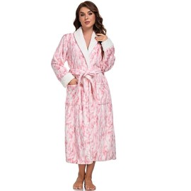 RONGTAI Plush Fleece Bathrobe for Women, Long Robe with Two Side Pockets and Belt, Warm and Cozy Fluffy Sleepwear Nightgown (Fleece Pink, XL)