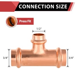 (Pack of 10) EFIELD 3/4" x 3/4" x 1/2" Copper Press Fit Tee For Copper Tube Connection, LBP Design, Heavy Copper Structure