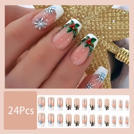 24 Pcs Christmas Press on Nails Medium Coffin Fake Nails Christmas Snowflake False Nails with Green Leaf Design Christmas Glue on Nails Winter Xmas Full Cover Stick on Nail for Women
