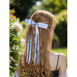 LFOUVRE 4pcs Hair Clips for Women Tassel Ribbon Bowknot with Long Tail, Clip Girl, Solid Accessories Barrettes Claw Bow (Navy White Light Blue Green), Pack of 1