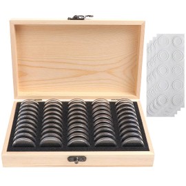 Litensh 50PCS Coin Holder Wooden Coin Collection Box with Round Coin Capsules Plastic Coin Organizer Coin Storage Case for Coin Collectors 18mm/21mm/25mm/27mm/30mm (50PCS Coin Collecting Box)
