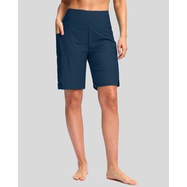 G Gradual Women's 9" Long Swim Board Shorts with Pockets High Waisted Knee Length Beach Swimming Shorts for Women with Liner(Dark Blue,L)