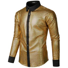 JOGAL Men's 70s Costume Rainbow Sequins Disco Party Dress Long Sleeve Button Down Shirts Large Gold
