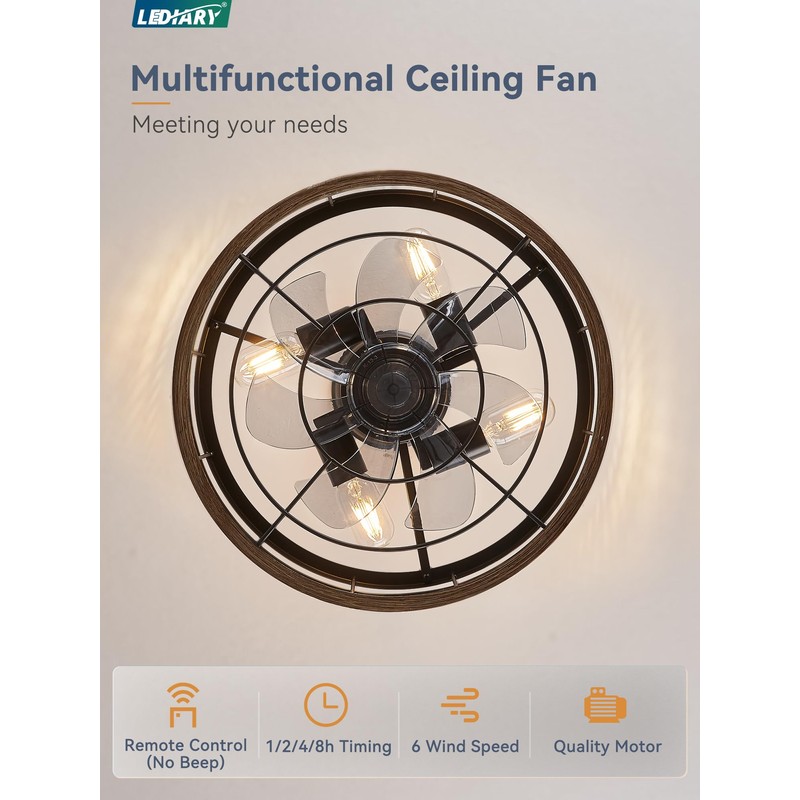 LEDIARY 16.5in Caged Ceiling Fan With Light, Fandelier Industrial Ceiling